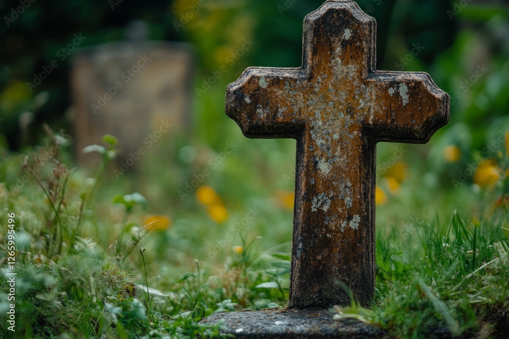 Weathered stone cross marking a grave in a cemetery, symbolizing remembrance and spirituality Weathered stone cross marking a grave in a cemetery, symbolizing remembrance and spirituality