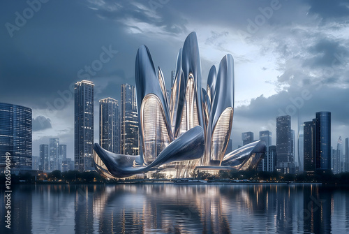 3d render of abstract art architecture building skyscrapers in futuristic modern organic curve and wavy lines formas based on glass and metal glossy plastic materials on the bay line close to water