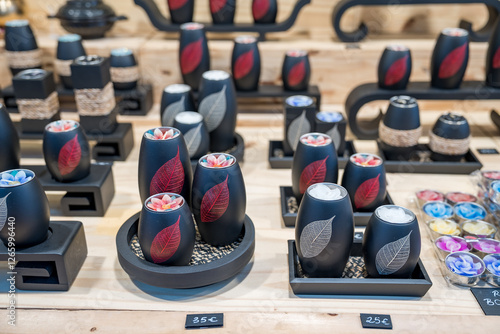 Elegant handcrafted candles displayed at a vibrant artisan market stall