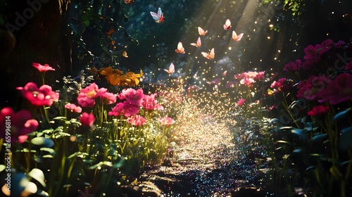 Fototapeta Naklejka Na Ścianę i Meble -  A hidden fairy world in a flower garden with tiny fairy