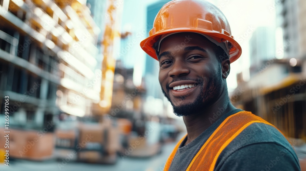 Smiling construction worker poses at urban construction site with vibrant skyline backdrop Smiling construction worker poses at urban construction site with vibrant skyline backdrop