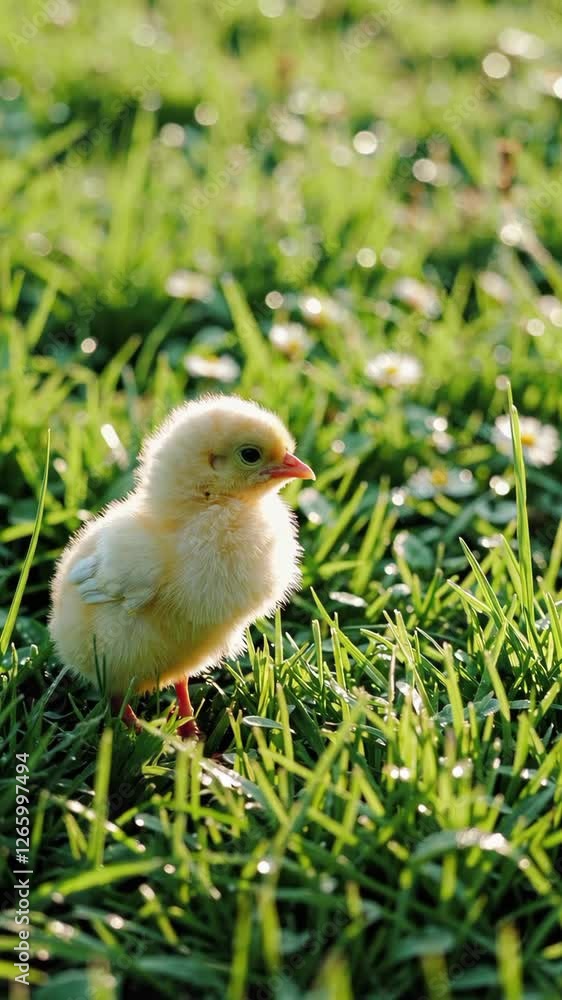 A small yellow chick explores its surroundings on vibrant green grass in a bright and sunny farm setting. The abundant greenery and soft sunlight create a lively atmosphere. A small yellow chick explores its surroundings on vibrant green grass in a bright and sunny farm setting. The abundant greenery and soft sunlight create a lively atmosphere.