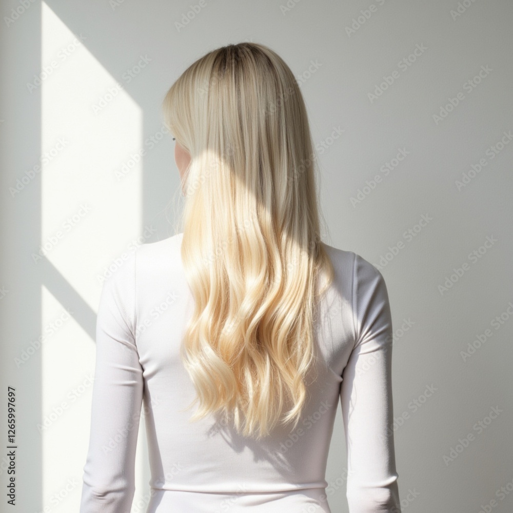 Naklejka premium long blonde hair wavy model salon hairstyle extensions curled curly golden pearl cream shoulders back white shirt arms slim lady shampoo conditioner stylist styled shiny healthy sheen luscious thick 
