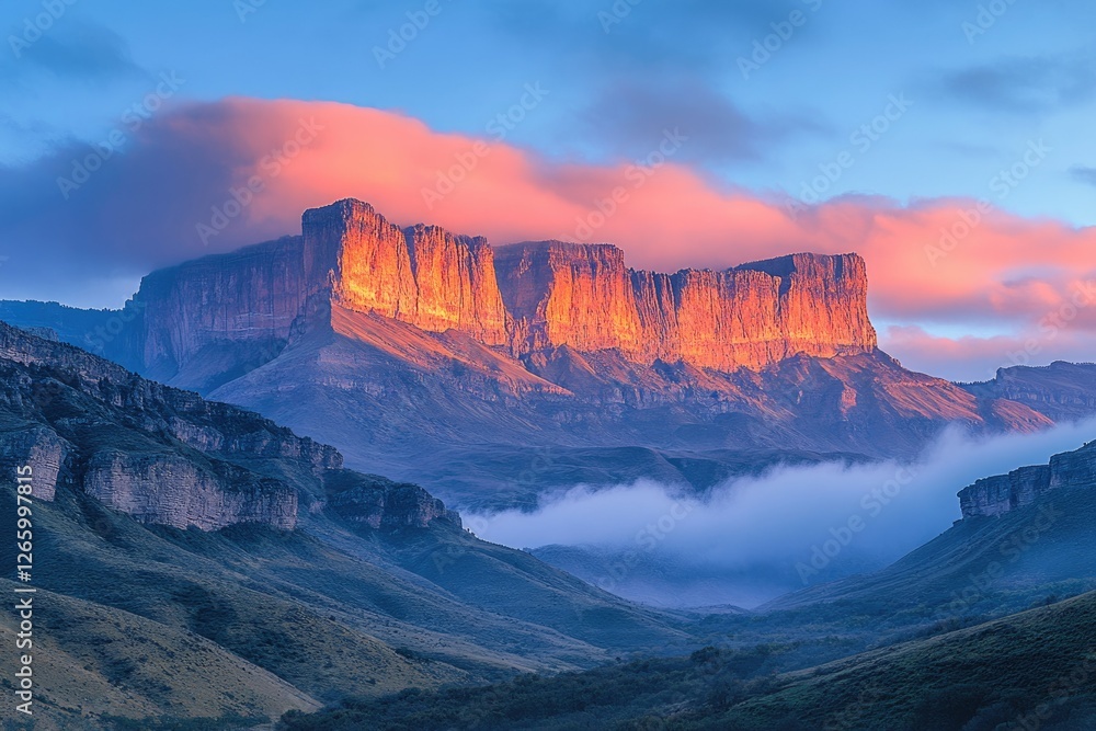 Naklejka premium Majestic mountain range bathed in the warm glow of sunrise, clouds swirling in the valley below.
