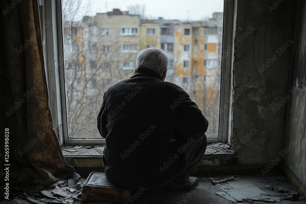 Elderly man looking out the window of his destroyed home, contemplating the urban landscape Elderly man looking out the window of his destroyed home, contemplating the urban landscape