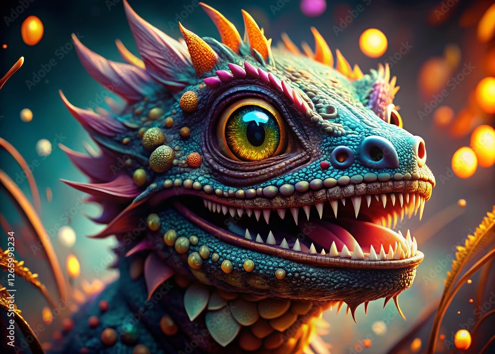 Mystical Creature, Wide Open Mouth, Bokeh Background, Fantasy Animal Portrait Mystical Creature, Wide Open Mouth, Bokeh Background, Fantasy Animal Portrait