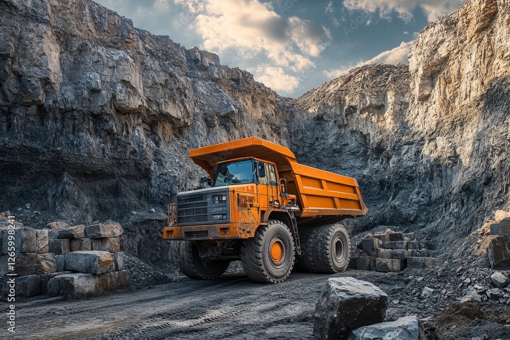 Powerful mining truck transporting minerals in a quarry under a cloudy sky Powerful mining truck transporting minerals in a quarry under a cloudy sky