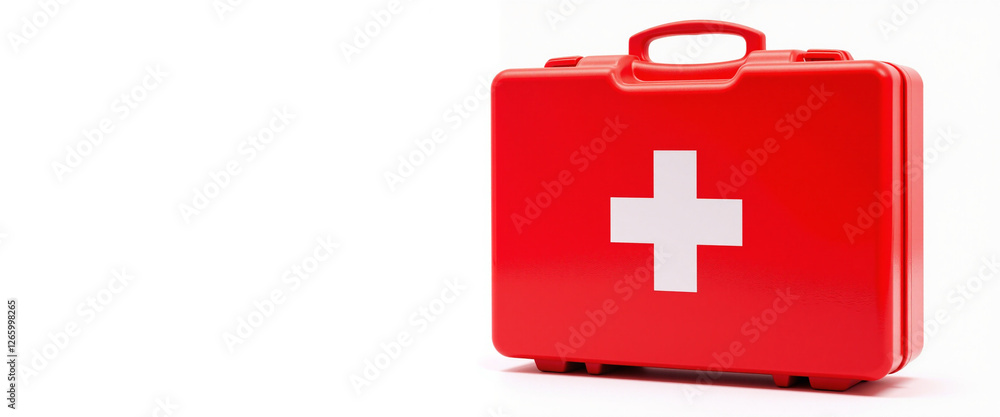 First aid kit in bright red color with a white cross symbol representing safety and preparedness for emergencies in a minimalist setting First aid kit in bright red color with a white cross symbol representing safety and preparedness for emergencies in a minimalist setting