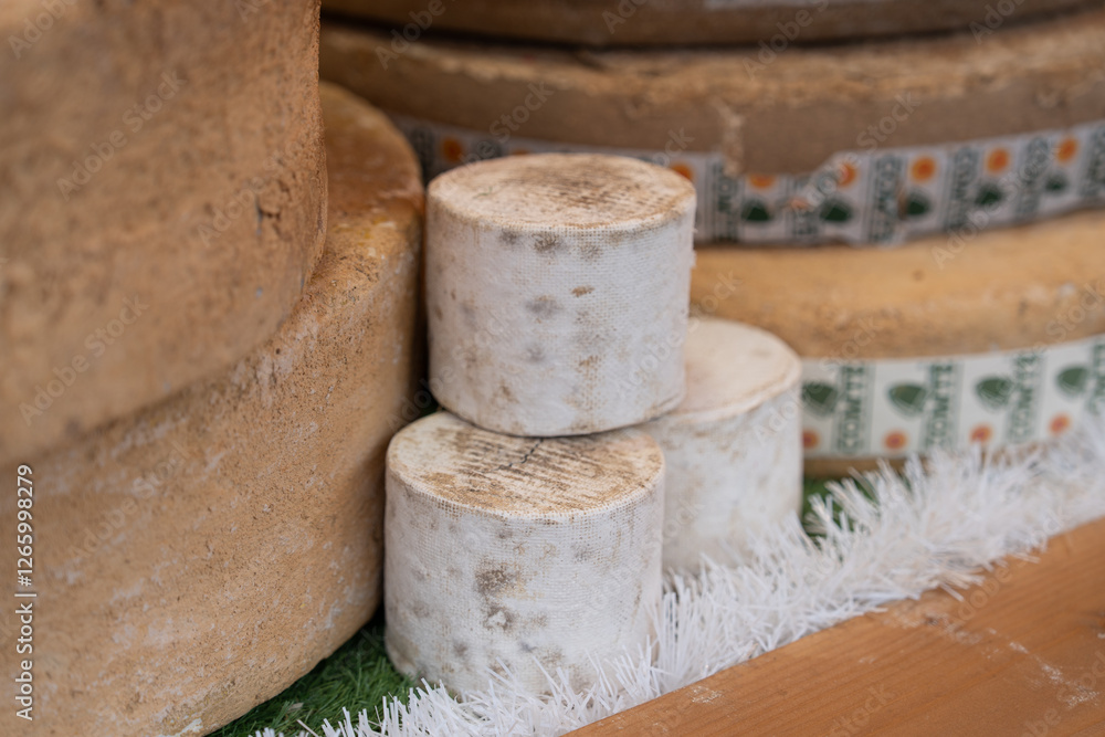 Cheese display showcases artisanal rounds in a rustic market setting Cheese display showcases artisanal rounds in a rustic market setting