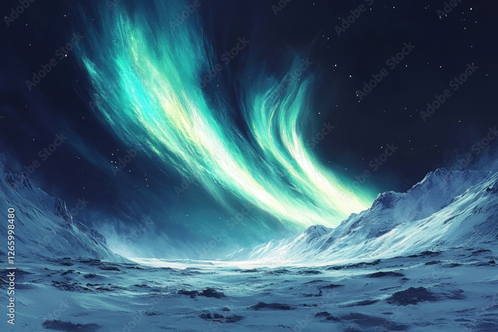 Fototapeta premium Vibrant teal aurora borealis illuminates a serene, snow-covered landscape under a starlit sky.