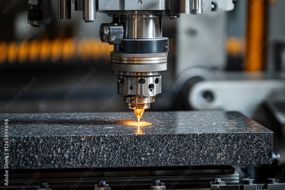 Laser cutting machine working on a granite slab with precision Laser cutting machine working on a granite slab with precision
