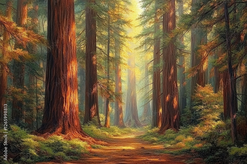 Sunlit path winds through a majestic redwood forest, creating a serene and enchanting scene. Sunlit path winds through a majestic redwood forest, creating a serene and enchanting scene.