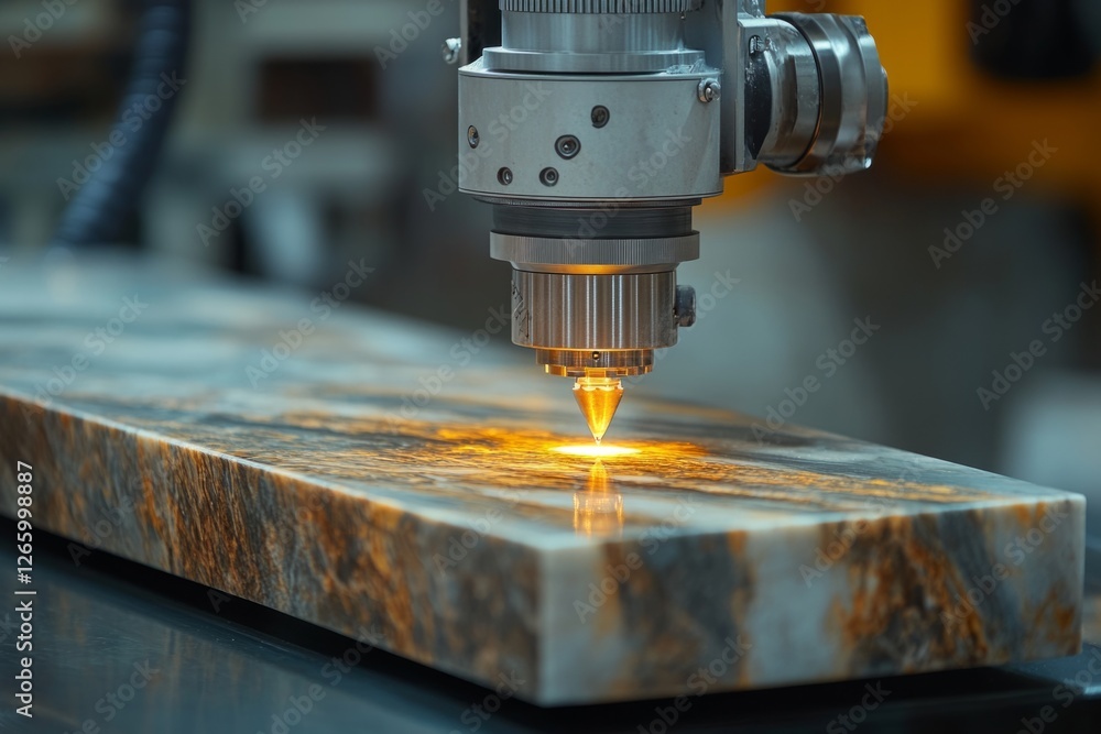 Laser engraving machine cutting a stone material in a factory Laser engraving machine cutting a stone material in a factory