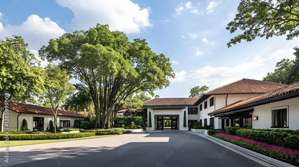Obraz premium Luxury Home Exterior with Lush Landscaping and Circular Driveway
