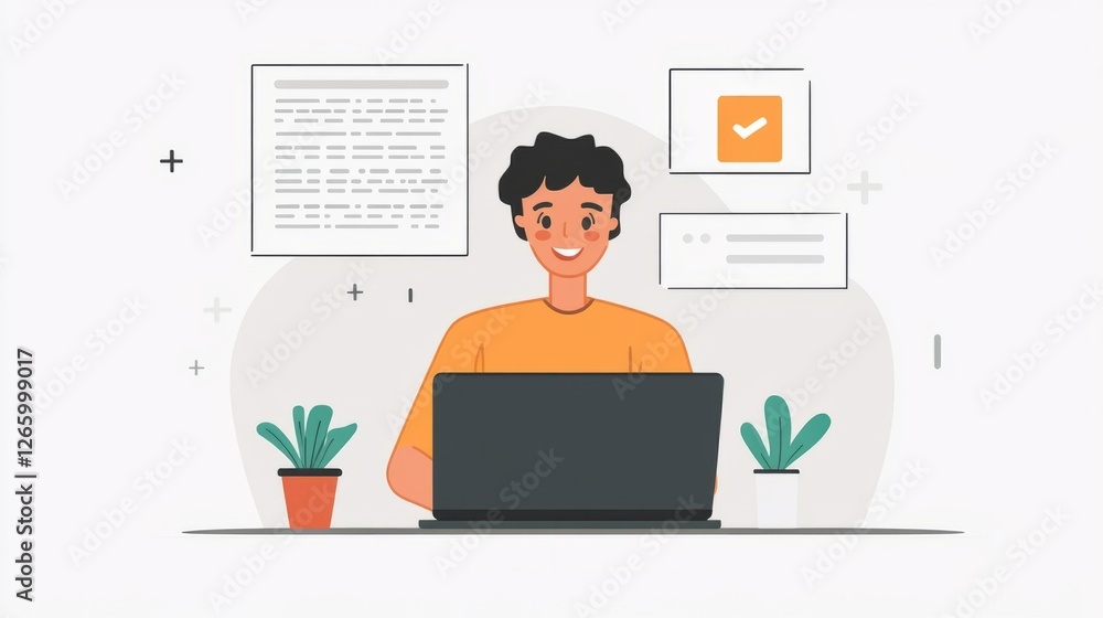 Man Working Online. Concept For Freelance, Work From Home, Education. Vector Illustration In Flat Style.