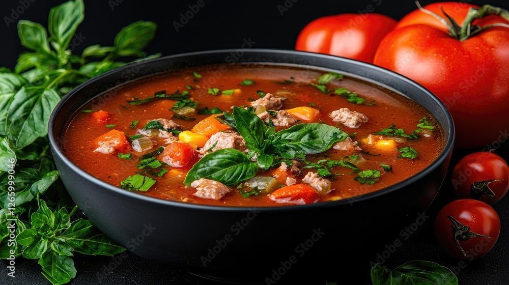 Hearty Tomato Soup in Bowl with Toppings Hearty Tomato Soup in Bowl with Toppings