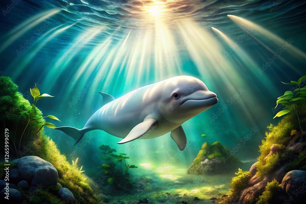 Fototapeta premium Mystical Underwater Portrait: Beluga Whale in Ethereal Light