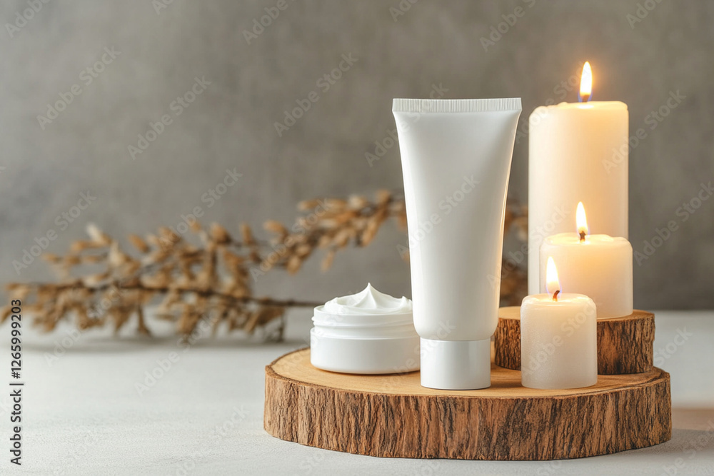 Moisturizing cream in a compact tube stands on a wooden stand with scented candles Moisturizing cream in a compact tube stands on a wooden stand with scented candles