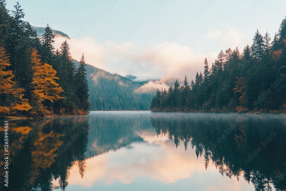 Fototapeta premium A serene lake reflecting the last light of a setting sun, surrounded by autumn trees