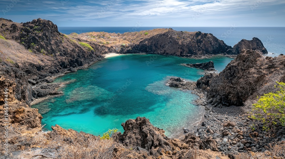 Tropical cove, calm turquoise water, volcanic cliffs, secluded beach, scenic view Tropical cove, calm turquoise water, volcanic cliffs, secluded beach, scenic view