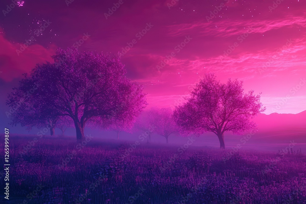 A surreal landscape with glowing purple trees under a vibrant pink light in the sky. A surreal landscape with glowing purple trees under a vibrant pink light in the sky.