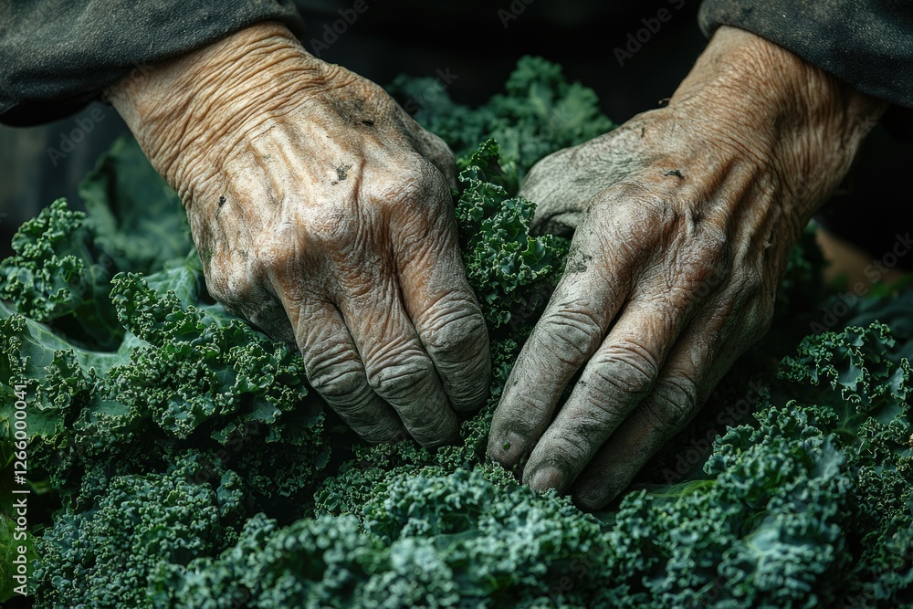 Aged hands gently caress a lush bed of vibrant green kale, a testament to time and harvest. Aged hands gently caress a lush bed of vibrant green kale, a testament to time and harvest.