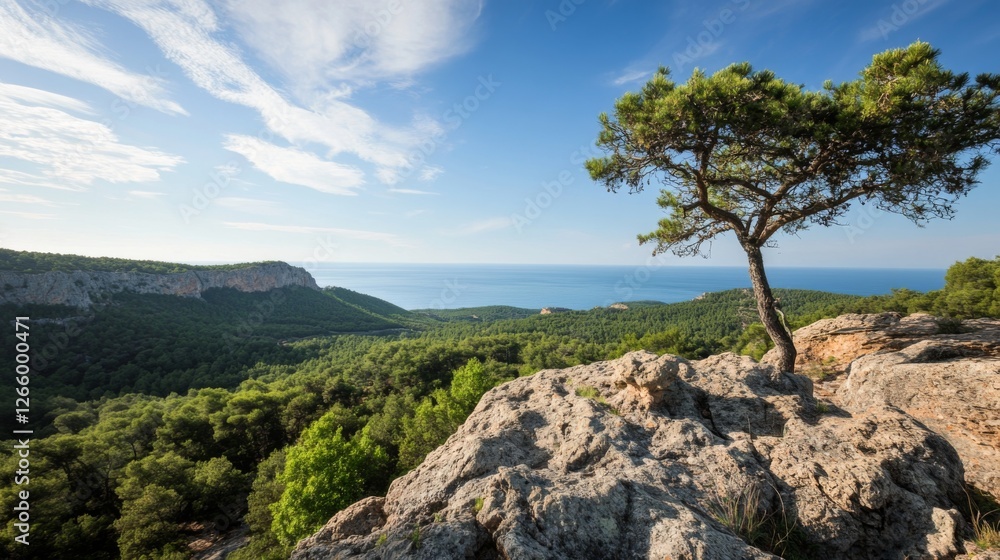 Scenic cliff overlooking ocean and forest. Possible use Stock photo for nature, travel, or tourism Scenic cliff overlooking ocean and forest. Possible use Stock photo for nature, travel, or tourism