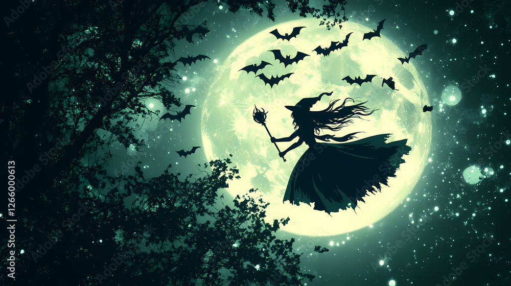 Silhouette of a witch flying with bats against a full moon backdrop, creating an eerie and mystical halloween scene. Midnight Alchemy Rituals. Illustration Silhouette of a witch flying with bats against a full moon backdrop, creating an eerie and mystical halloween scene. Midnight Alchemy Rituals. Illustration