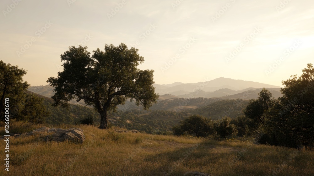Scenic olive tree on hillside at sunset Scenic olive tree on hillside at sunset
