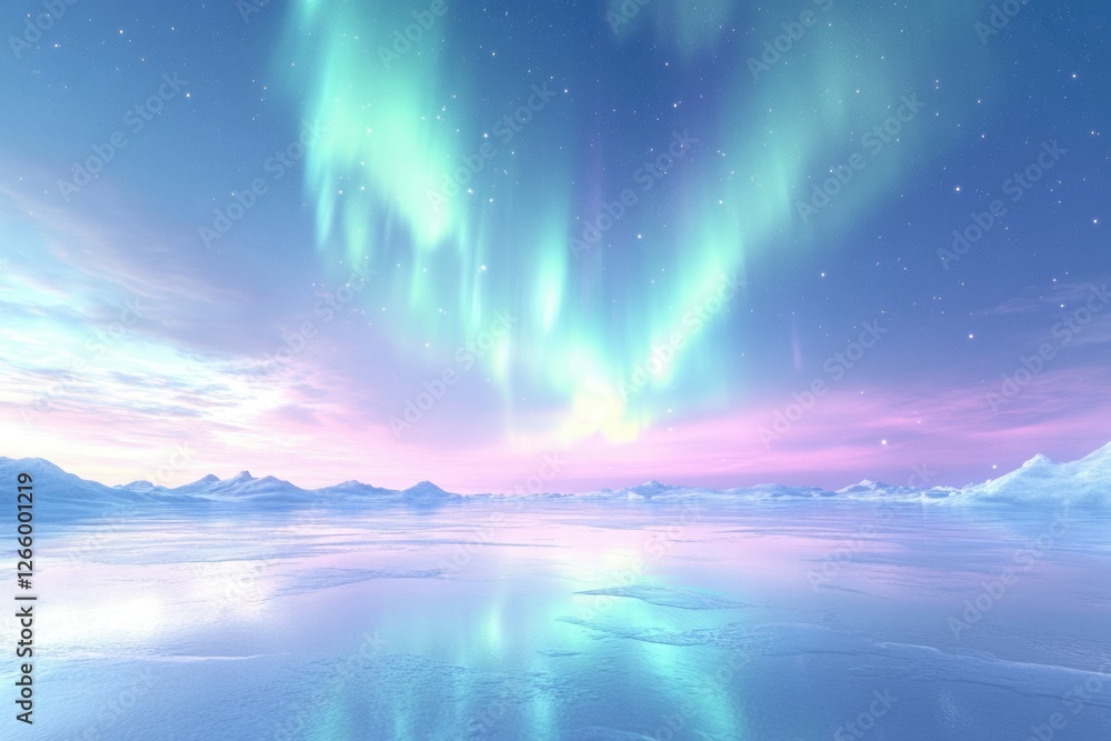 Serene arctic landscape at twilight, with vibrant aurora borealis dancing across the pastel sky. Serene arctic landscape at twilight, with vibrant aurora borealis dancing across the pastel sky.