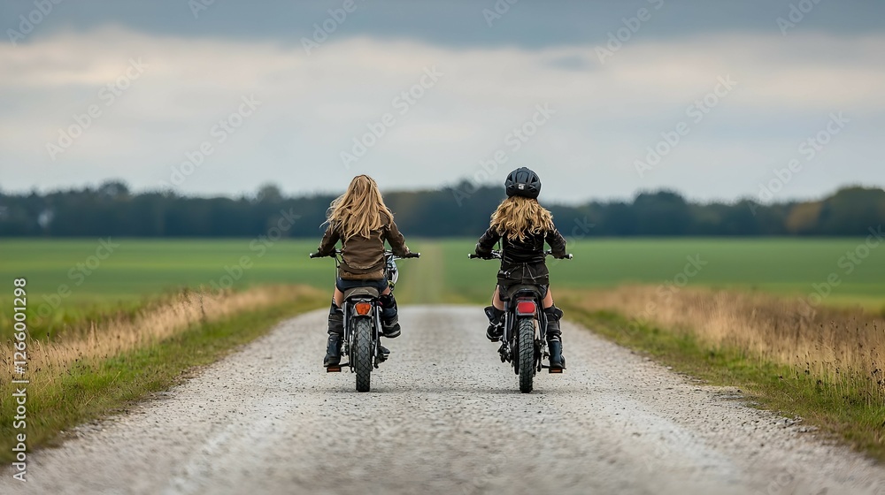 Two Women Riding Motorcycles On Country Road Two Women Riding Motorcycles On Country Road