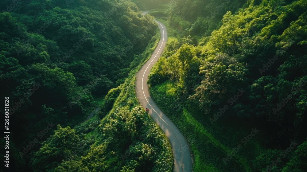 A Winding Road Through Lush Green Foliage, A lone traveler on a scenic path A Winding Road Through Lush Green Foliage, A lone traveler on a scenic path