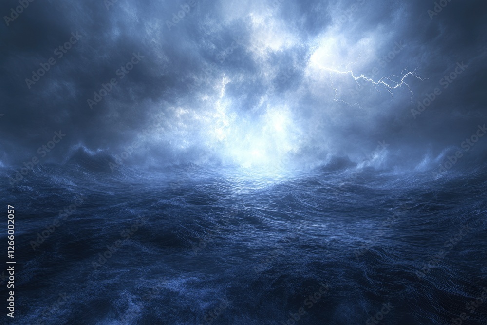 Fototapeta premium Dark stormy ocean scene with lightning striking above the turbulent waves.