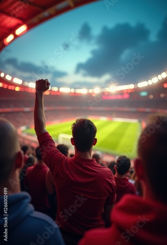 Exciting moment in a soccer stadium, showcasing a passionate fan celebrating under stadium lights. Perfect for sports marketing and fan engagement themes.