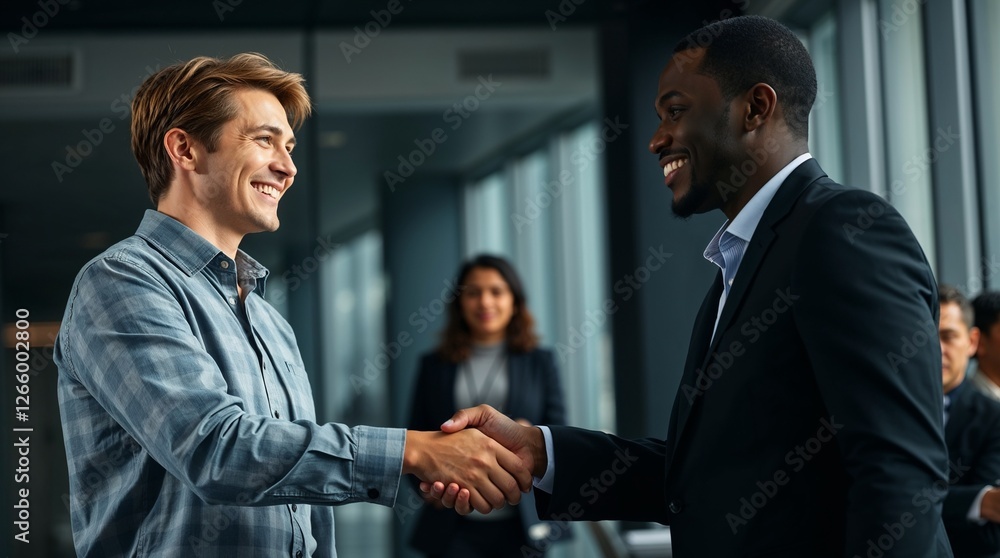 Two businessmen shaking hands to congratulate each other in a modern office environment
Two businessmen shaking hands to congratulate each other in a modern office environment