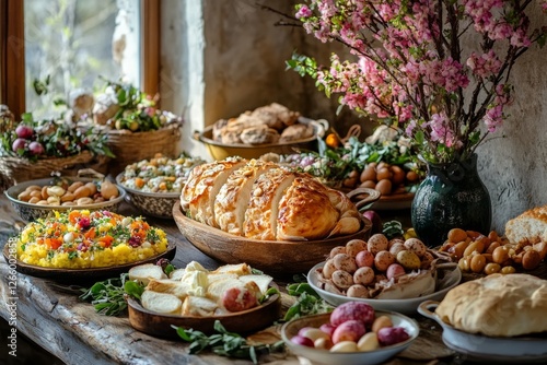 Traditional easter table setting featuring a variety of dishes, decorated eggs, and fresh spring flowers, creating a warm and inviting atmosphere photo