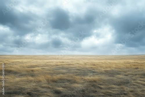 Expansive, dry grassland under a dramatic, stormy sky with distant lightning.