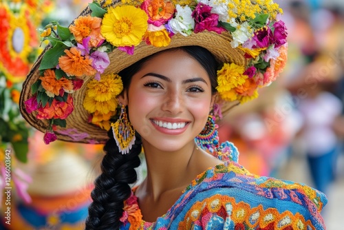 Colombian woman wearing traditional colorful floral hat smiling during flower festival parade photo