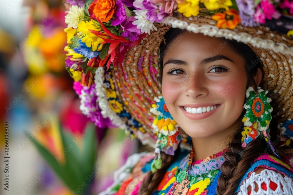 Close-up of a happy mexican woman wearing a vibrant, flower-decorated hat and traditional dress, representing mexican culture Close-up of a happy mexican woman wearing a vibrant, flower-decorated hat and traditional dress, representing mexican culture
