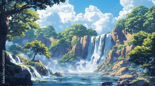 Majestic waterfall cascading through lush forest serene landscape nature photography outdoor adventure panoramic view