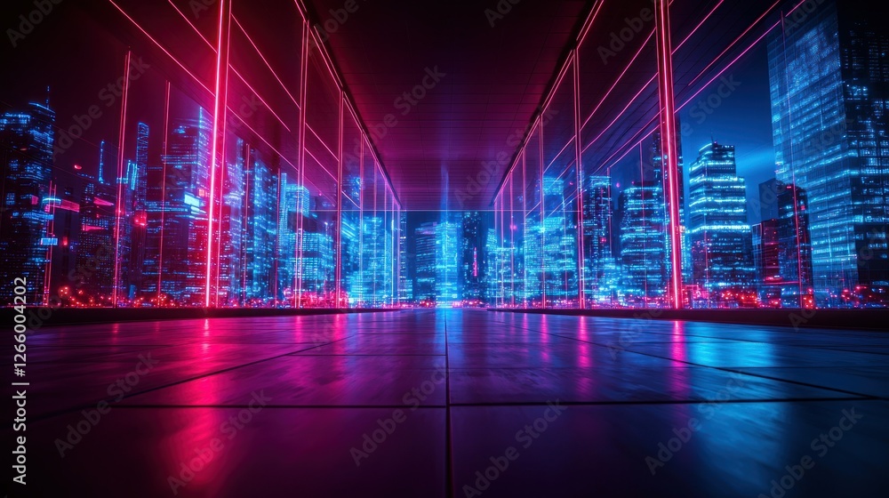 Neon city nightscape, futuristic corridor view Neon city nightscape, futuristic corridor view