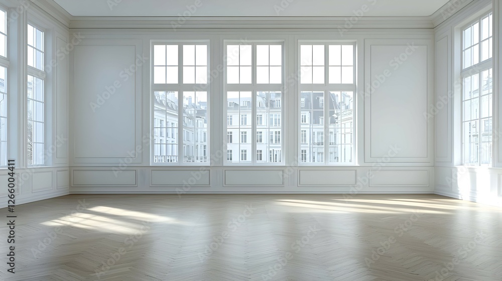 Fototapeta premium Bright Empty White Room with Large Windows and City View