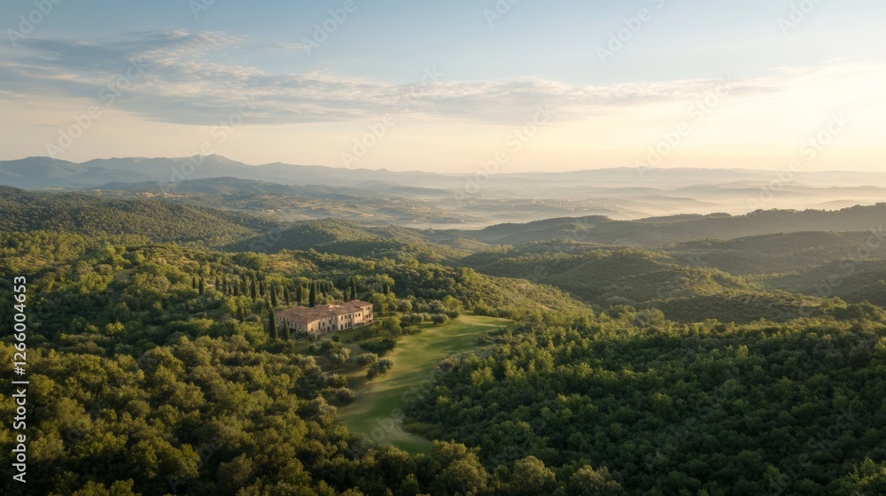 Fototapeta premium Tuscan Hills Estate Sunrise. Aerial View. Scenic Landscape. Potential Use Stock Photo