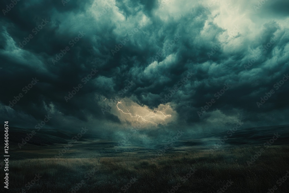 Obraz premium Dark, stormy clouds loom over a flat landscape, a lightning bolt striking through the ominous sky.