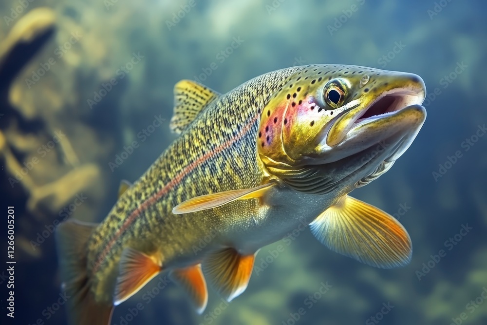 Vibrant Trout Swimming Gracefully Underwater in Clear Blue Water Vibrant Trout Swimming Gracefully Underwater in Clear Blue Water
