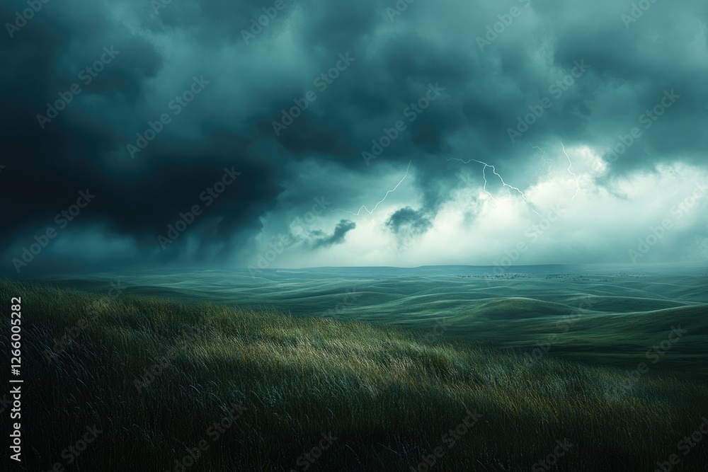 A dramatic thunderstorm rages over a vast, rolling green landscape, lightning illuminating the dark clouds. A dramatic thunderstorm rages over a vast, rolling green landscape, lightning illuminating the dark clouds.