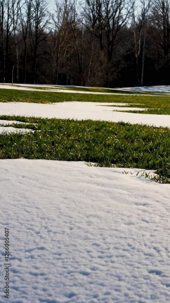 The white blanket of snow begins to melt, revealing green patches as spring approaches. This serene outdoor landscape captures the transition between winter and the new season.