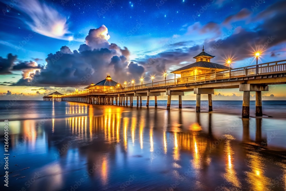 Fototapeta premium Night Photography: Pier, Fort Myers Beach, Florida - Illuminated Waterfront Scene