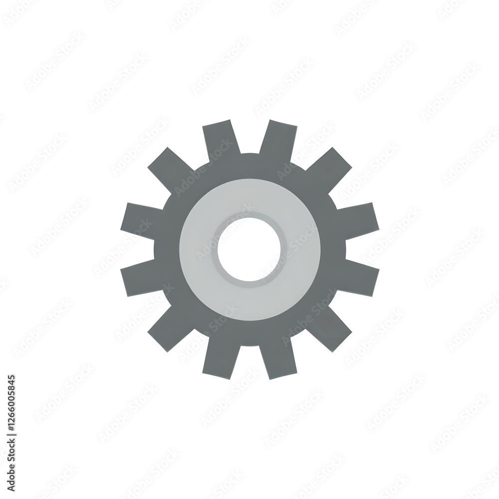 Clean vector illustration of a single cogwheel in metallic gray with precise teeth, centered on white background with subtle shading for depth