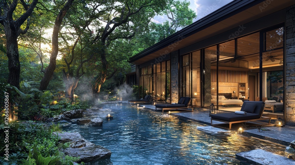 Tranquil resort pool with lounging chairs surrounded by lush jungle foliage Tranquil resort pool with lounging chairs surrounded by lush jungle foliage